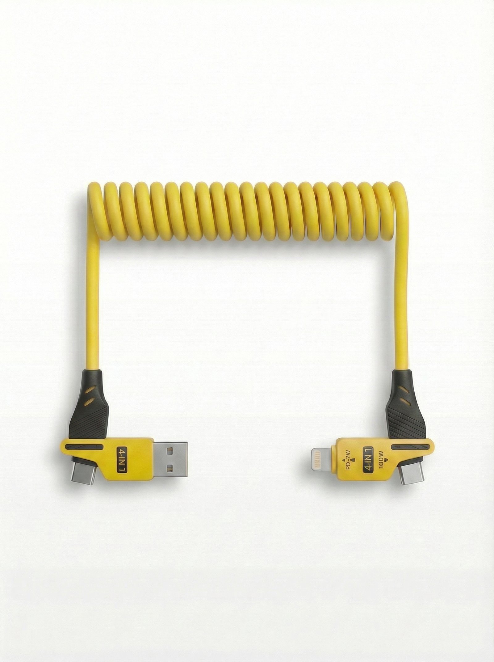 Mythos Tech Essentials 4-in-1 Coiled Fast Charging Cable – USB-A to Type-C, Lightning & Micro-USB – 100W - Image 2