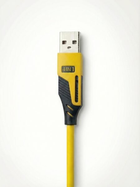 Mythos Tech Essentials 4-in-1 Coiled Fast Charging Cable – USB-A to Type-C, Lightning & Micro-USB – 100W - Yellow